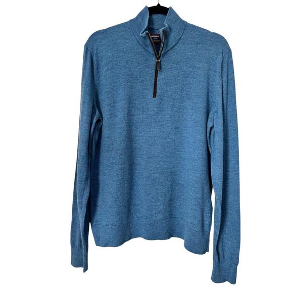 Untuckit Sweater Men's L Blue 1/4 Zip Belguardo w Suede Extrafine Merino Wool - Picture 1 of 12